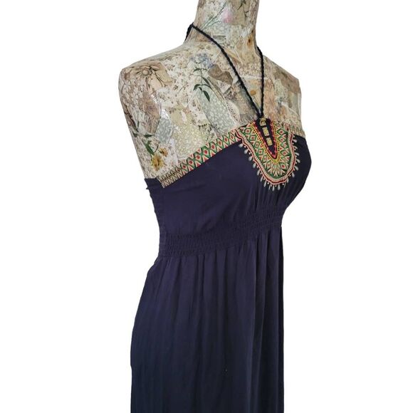 Forever 21 Dark Blue Colorful Embroidered Halter Top Long Maxi Dress Sundress - Picture 4 of 11
